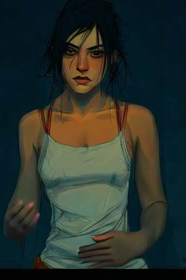 Echo: a young woman with messy black hair in a dark teal room, lit amber, looking directly at the viewer